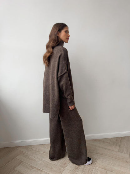 Knit Turtleneck Lounge Set with Wide Leg Pants