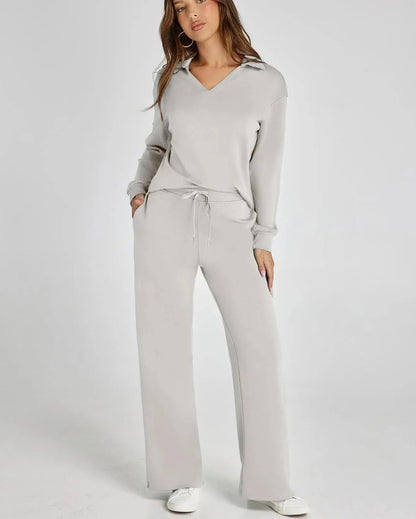 Women’s V Neck Two Piece Set Wide Leg Pants Outfit