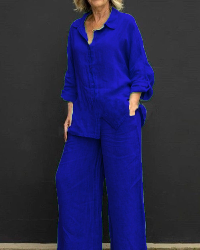 Women's Linen Cotton Shirt & Wide Leg Pants Matching Set