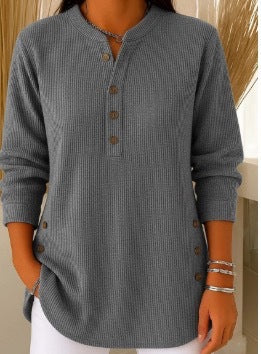 Corduroy Button Front Long Sleeve Henley Top