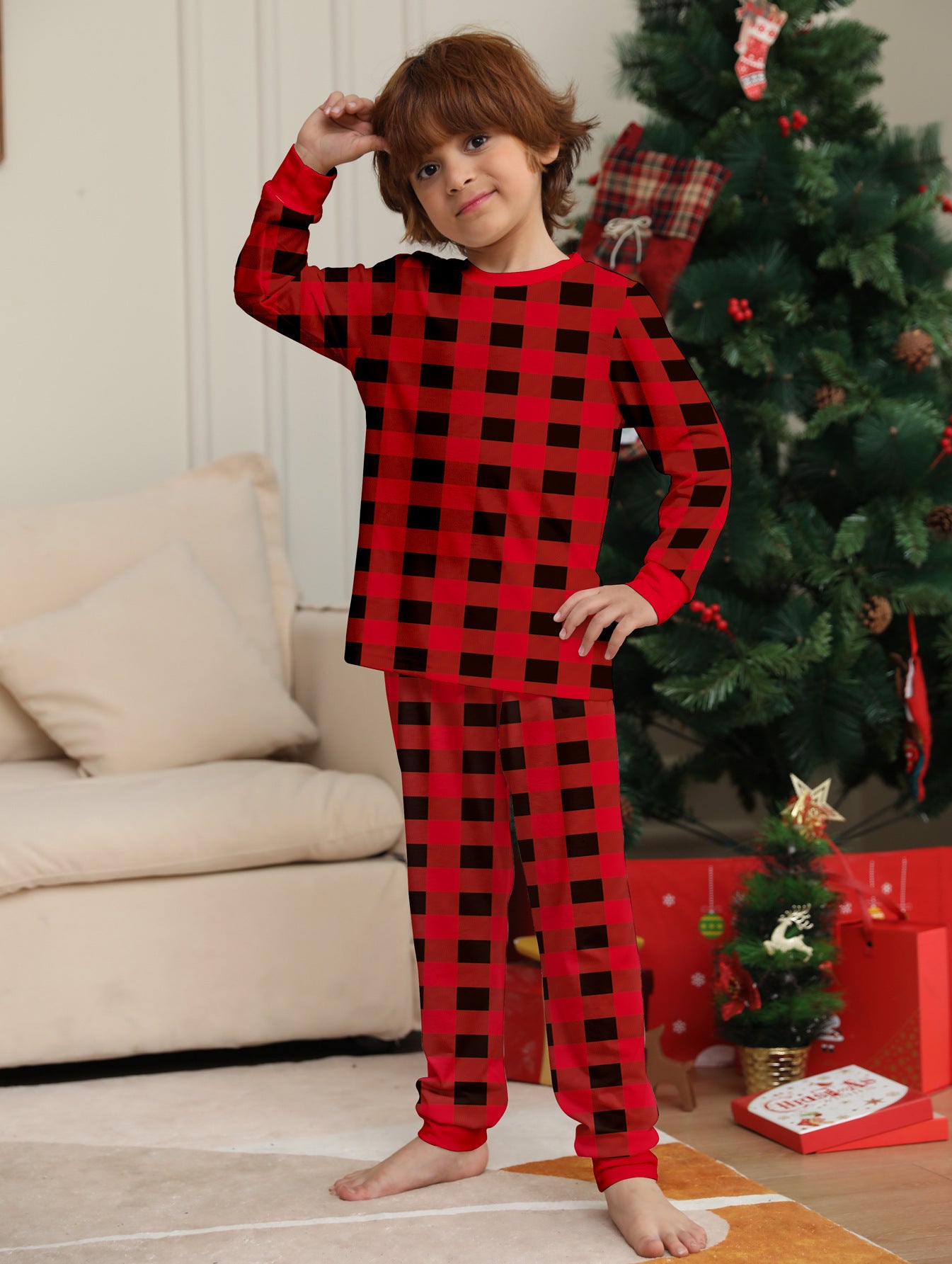 Red and Black Plaid Parent-child Printed Christmas Pajama Set