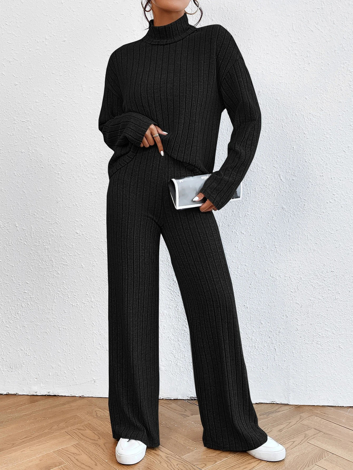 Women's Ribbed Turtleneck Sweater Wide Leg Pants Set