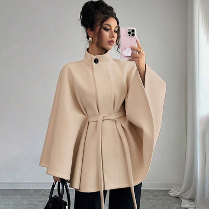 Women's Belted Cape Coat Stand Collar Wool Jacket