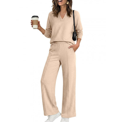 Women's V-Neck Top Wide Leg Pants 2 Piece Set