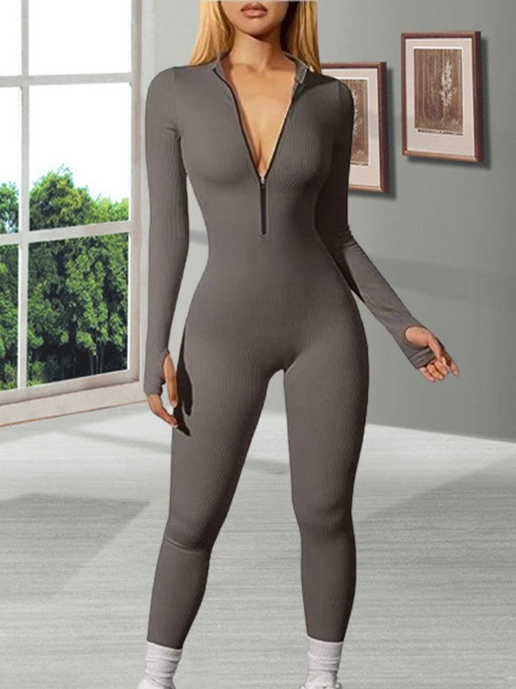 Women's Ribbed Zip Front Long Sleeve Workout Jumpsuit