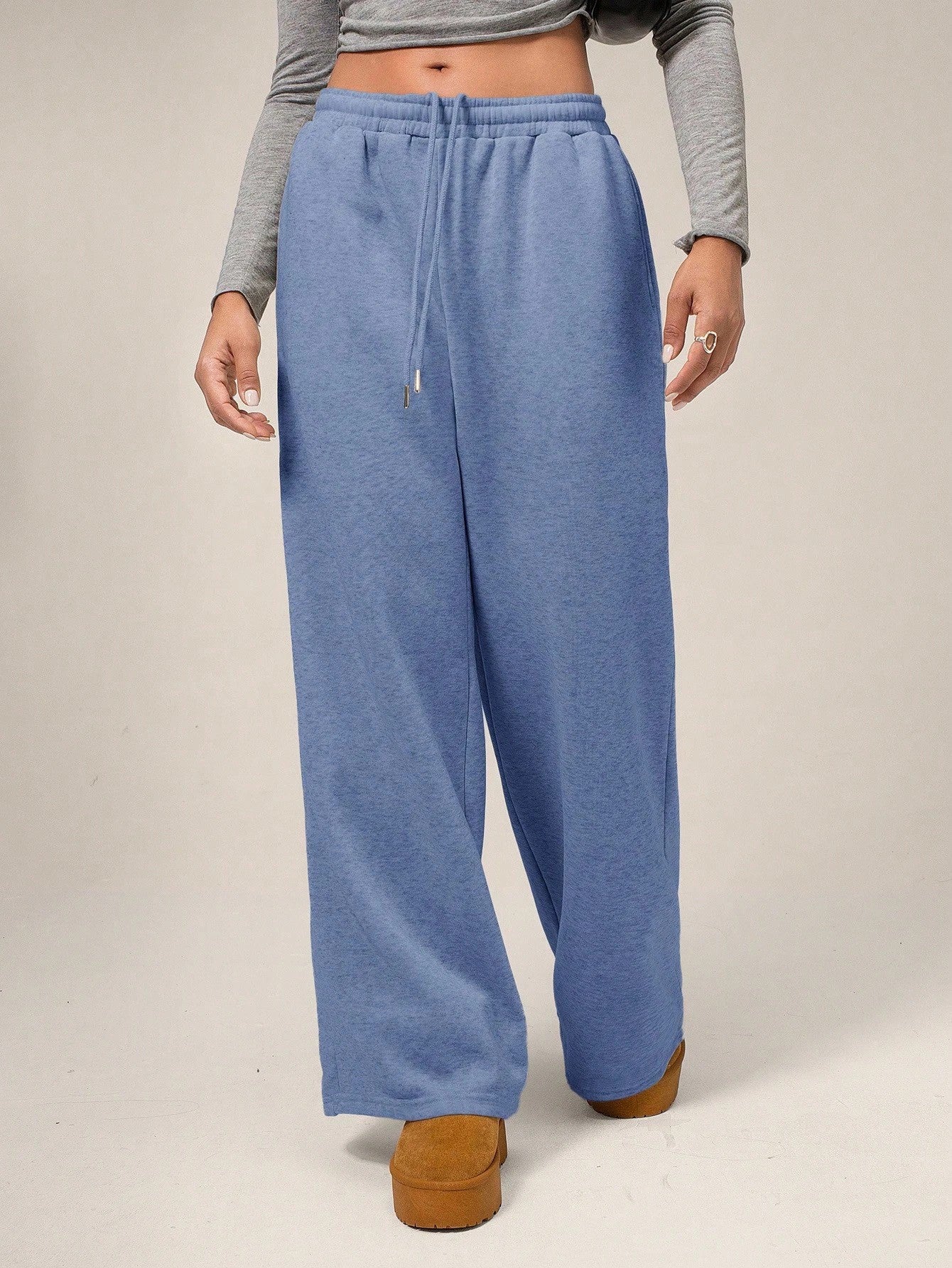 Women Fleece Wide Leg Sweatpants Drawstring Lounge Pants