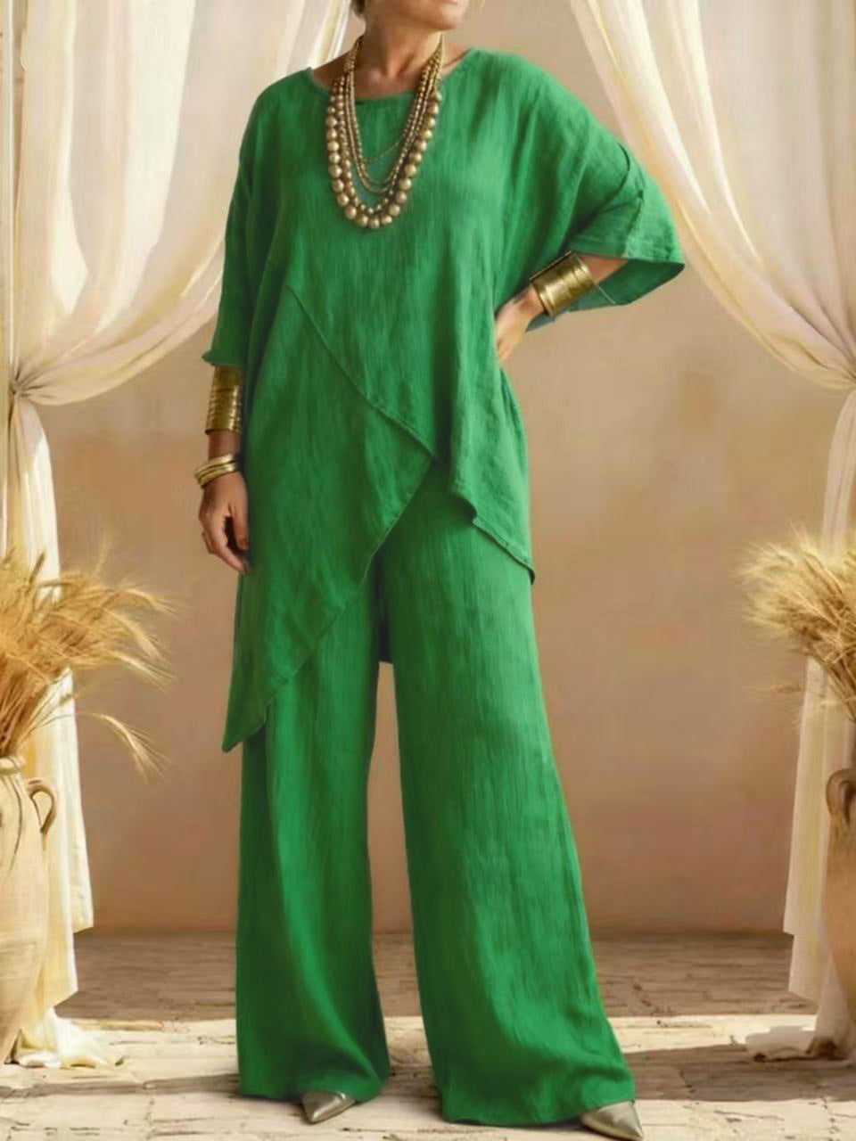 Women's Linen 2PC Set Asymmetric Hem Wide Leg Pants