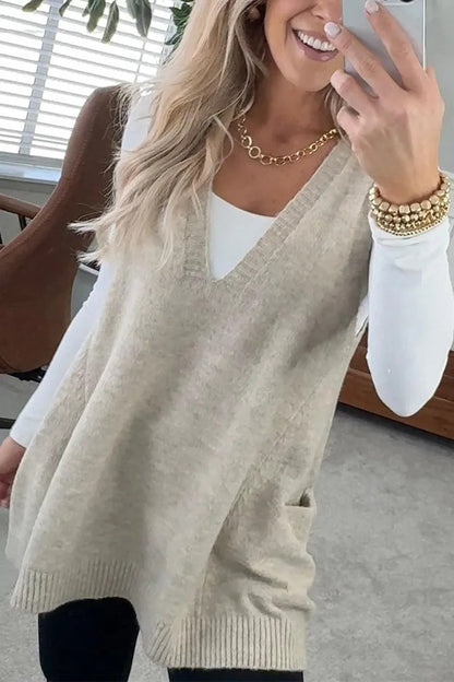 Women's Oversized V-Neck Knit Sweater Vest with Pockets