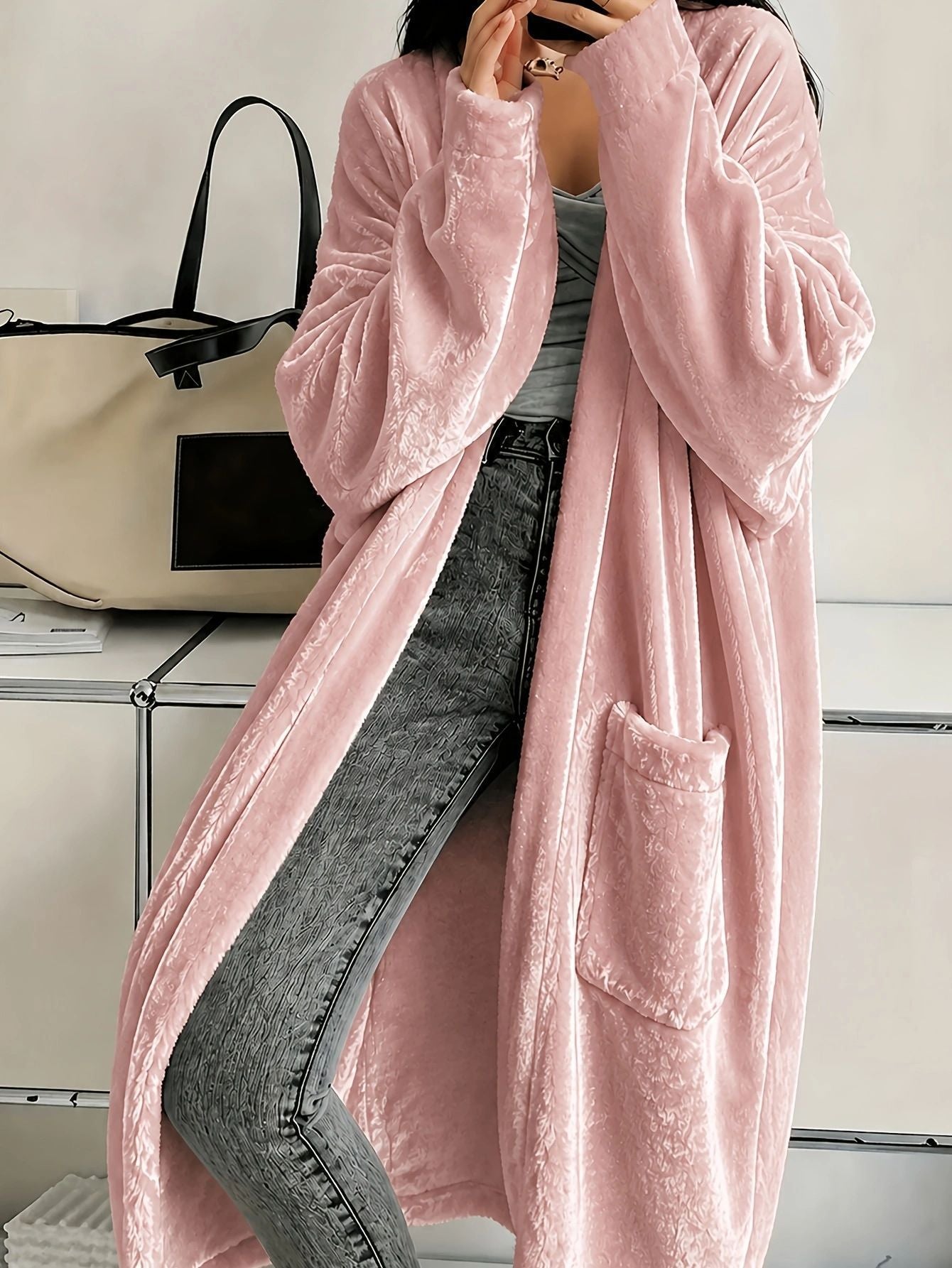 Women's Velvet Duster Coat Long Sleeve with Pockets