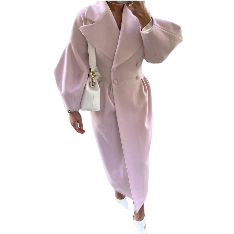 Women Wool Coat Double Breasted Balloon Sleeve Notch Lapel