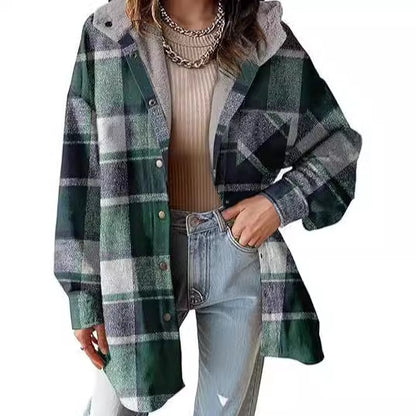 Women's Plaid Flannel Hooded Shacket Jacket