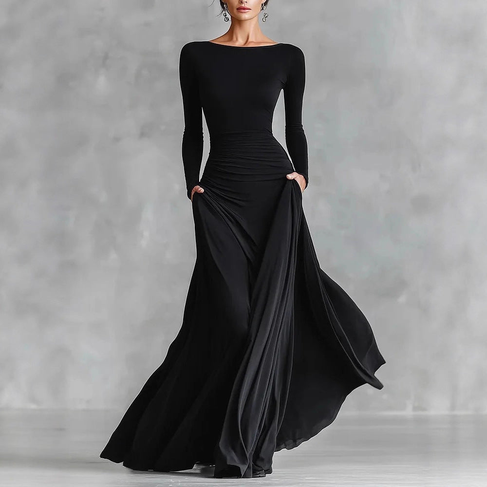 Boat Neck Ruched Waist Maxi Dress Long Sleeve Flowy Skirt