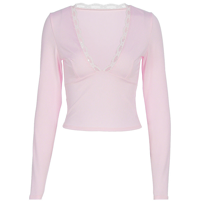 Sexy Lace Trim V Neck Long Sleeve Crop Top