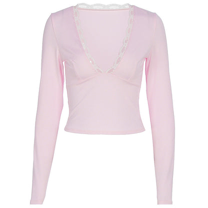 Sexy Lace Trim V Neck Long Sleeve Crop Top