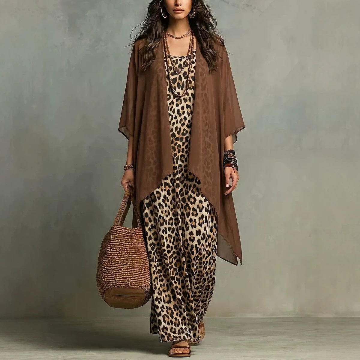 Women's Leopard Print Maxi Dress & Cardigan Set