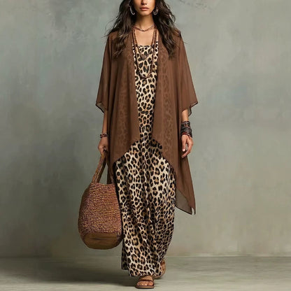 Women's Leopard Print Maxi Dress & Cardigan Set