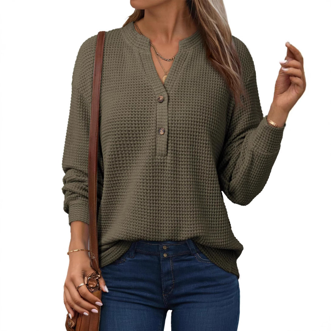 Women's Waffle Knit Long Sleeve Henley Top
