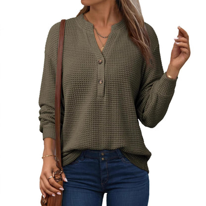 Women's Waffle Knit Long Sleeve Henley Top