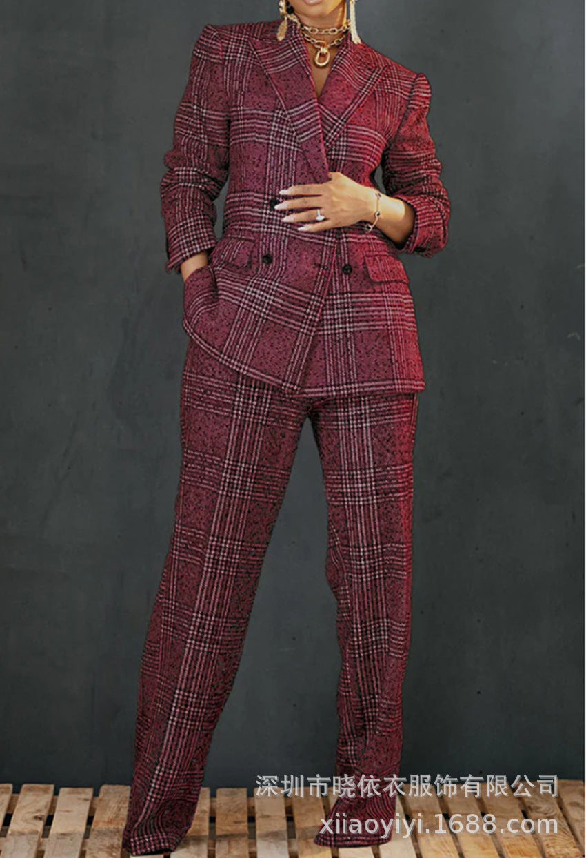 Women's Plaid Blazer & Pants Matching Cotton Linen Set