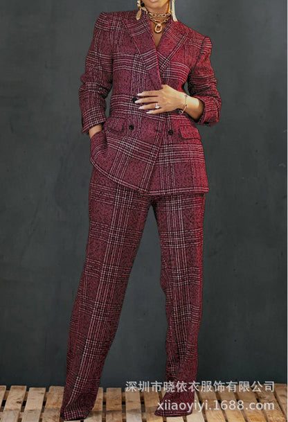 Women's Plaid Blazer & Pants Matching Cotton Linen Set