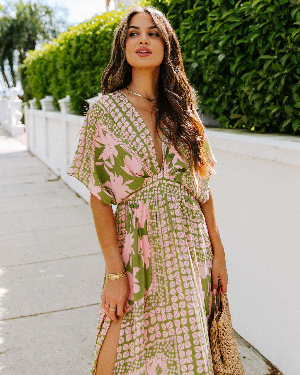 Boho Floral V Neck High Waist Split Maxi Dress
