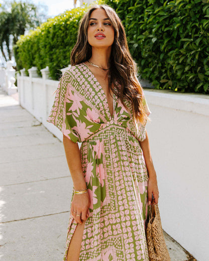 Boho Floral V Neck High Waist Split Maxi Dress