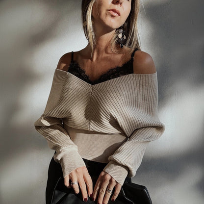 Women's Ribbed Bardot Crop Top Long Sleeve Fitted
