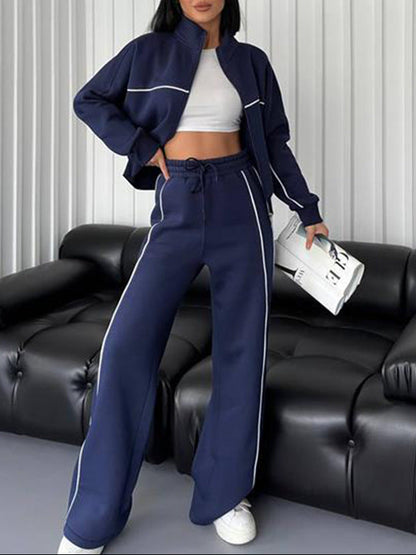 Womens Two Piece Striped Zip Up Sweatshirt Pants Set