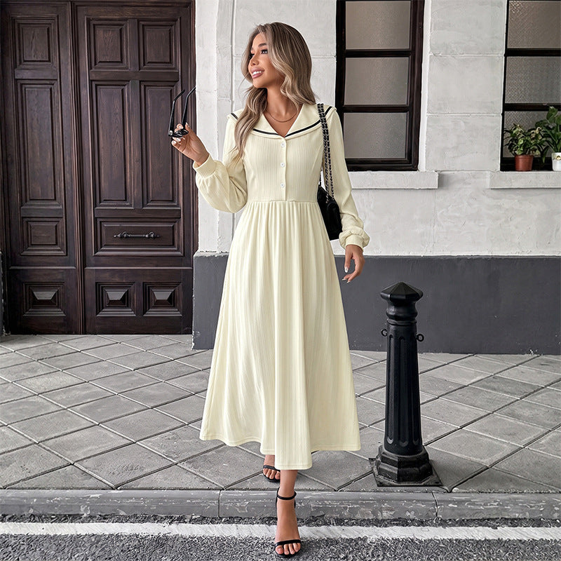 Solid Contrast Trim Sailor Collar Button Midi Dress