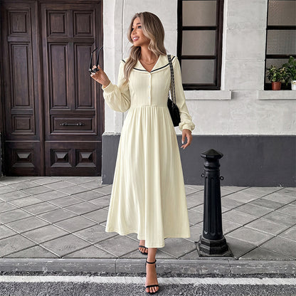 Solid Contrast Trim Sailor Collar Button Midi Dress