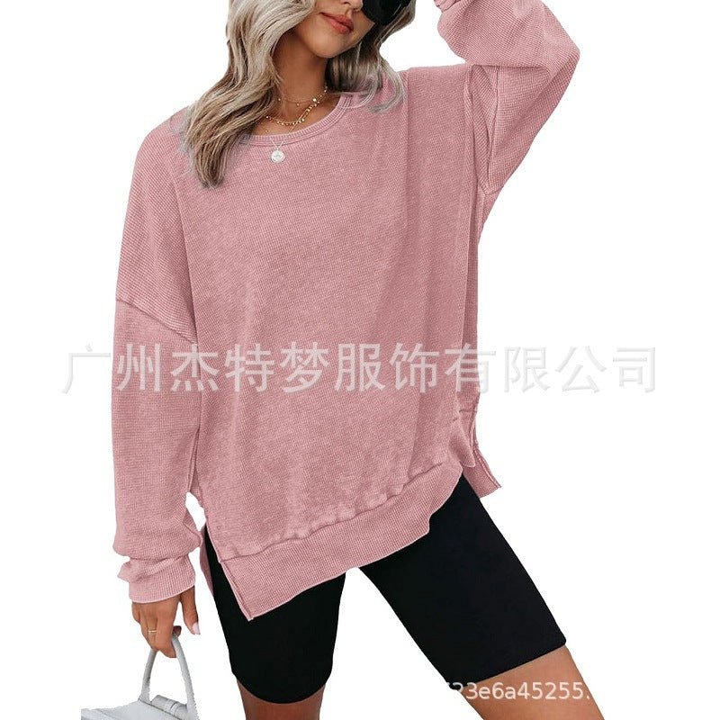 Waffle Split Hem Sweatshirt Women Casual Long Sleeve Top