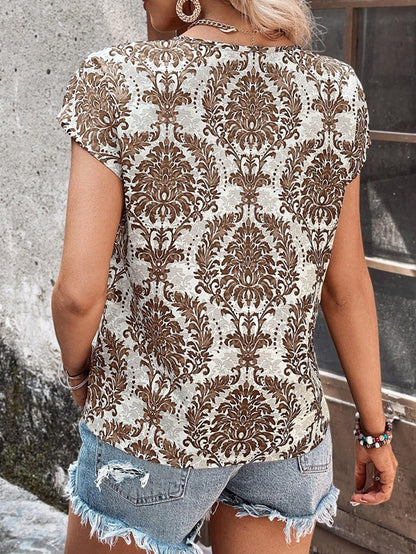 Vintage Print V-Neck Batwing Sleeve Summer Top