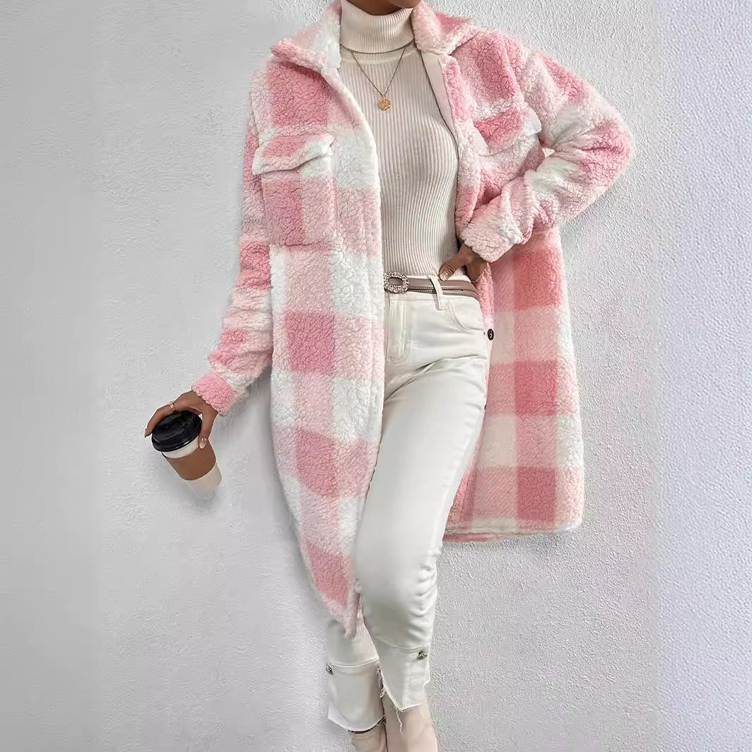 Women's Plaid Sherpa Fleece Long Coat Collared Jacket