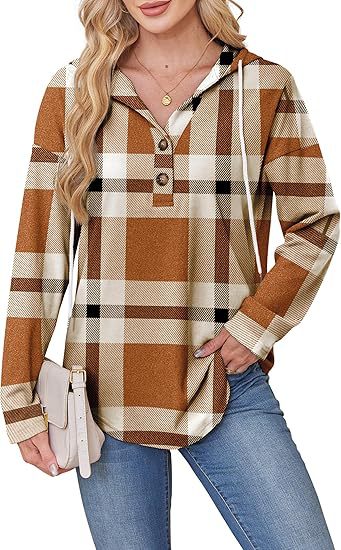 Women's Plaid Button Hoodie Long Sleeve Pullover