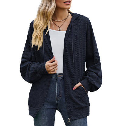 Oversized Textured Zip-Up Hoodie Jacket Pockets