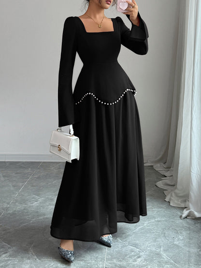 Square Neck Long Sleeve Pearl Trim A-Line Maxi Dress