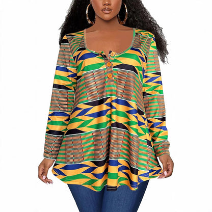 Plus Size African Print Long Sleeve Henley Tunic Top