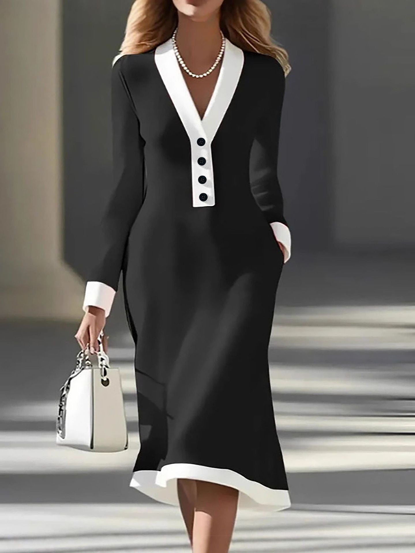 Color Block V-Neck Long Sleeve Midi Work Dress