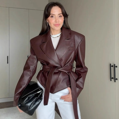 Belted Faux Leather Jacket Women Moto Blazer