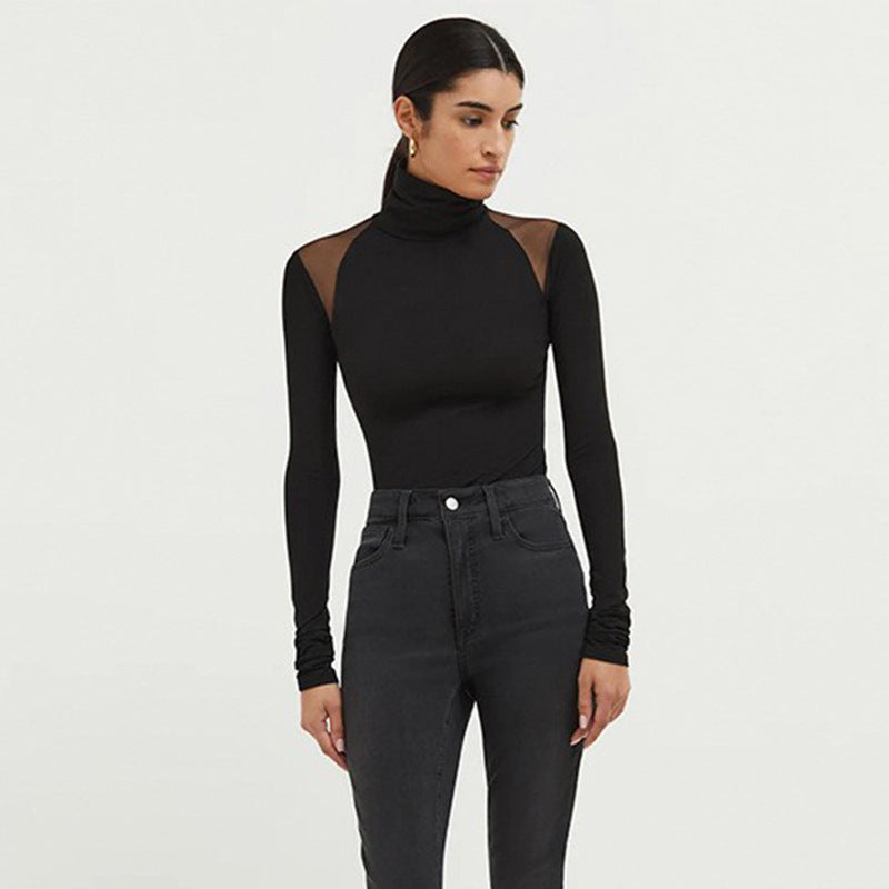 Black Mesh Turtleneck Bodysuit Long Sleeve