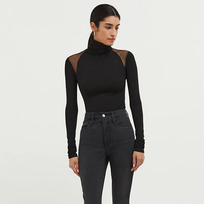 Black Mesh Turtleneck Bodysuit Long Sleeve