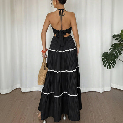 Color Block Halter Maxi Dress Tiered Resort Vacation Style