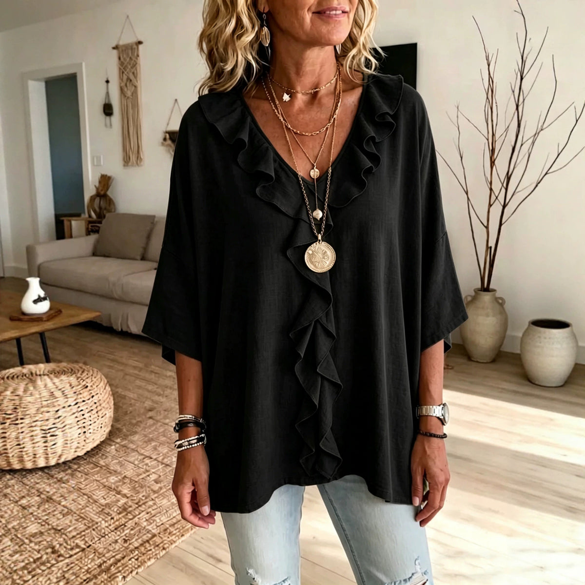 Women's Ruffle V Neck 3/4 Sleeve Casual Blouse Top
