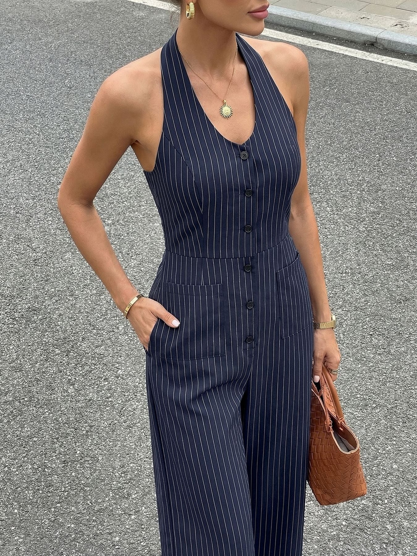 Striped Halter Backless Wide Leg Jumpsuit Office Chic