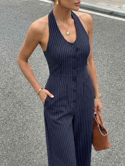 Striped Halter Backless Wide Leg Jumpsuit Office Chic