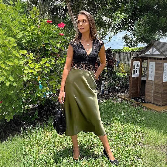 Women's Satin High-Waist Midi Skirt – Elegant Summer Slip Skirt