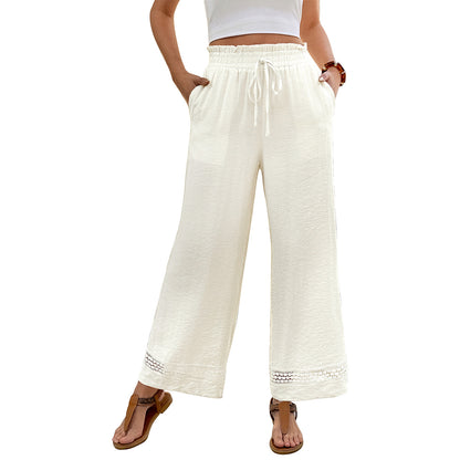 Solid Woven Wide Leg Lounge Pants Drawstring Casual