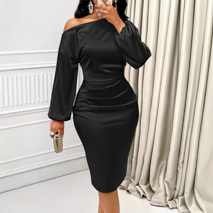 One Shoulder Satin Long Sleeve Bodycon Midi Dress