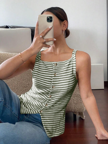 Women’s Striped Button Front Sleeveless Tank Top