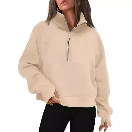 Oversized Half Zip Fleece Cropped Sweatshirt with Pocket